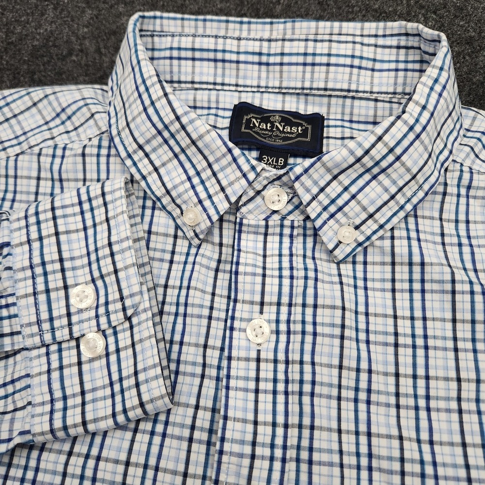 Nat Nast Mens 3XLB Blue White Plaid Luxury Button Down Cotton Shirt